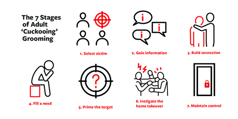 Icons showing the stages of cuckooing