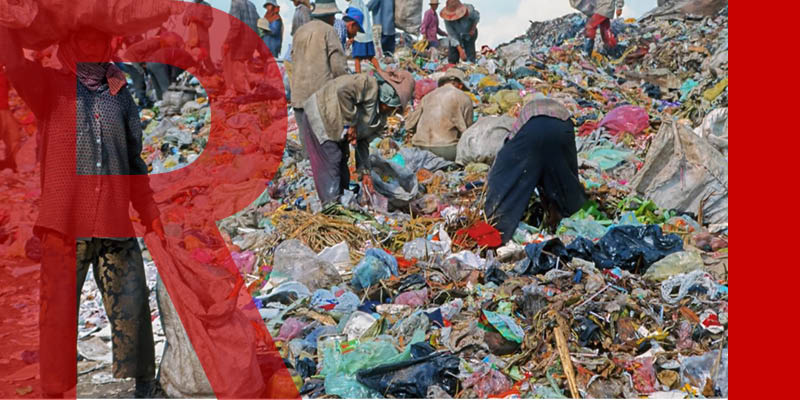 Plastic waste dump with people