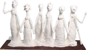 Six white sculpted figures, holding hands. One on the right has a crutch under their raised arm.