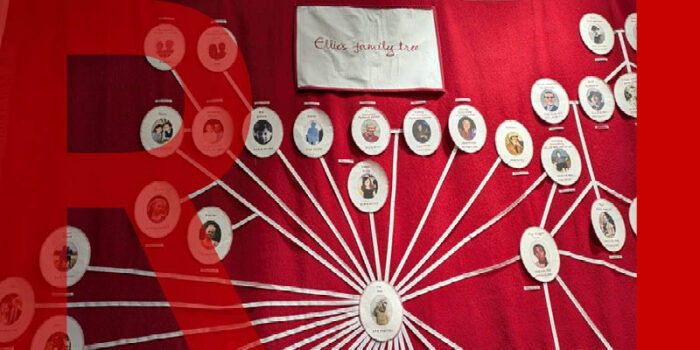 Red fabric with emblems of people stitched onto it, connected by ribbon in different ways. Text reads 'Ellies family tree;
